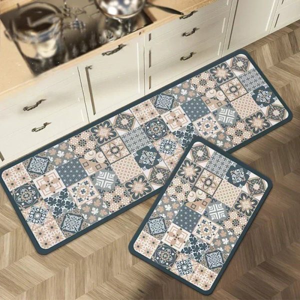 tapis de cuisine chic mosaïque bleu