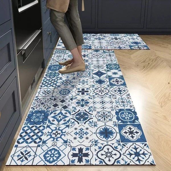 tapis de cuisine mosaïque bleu